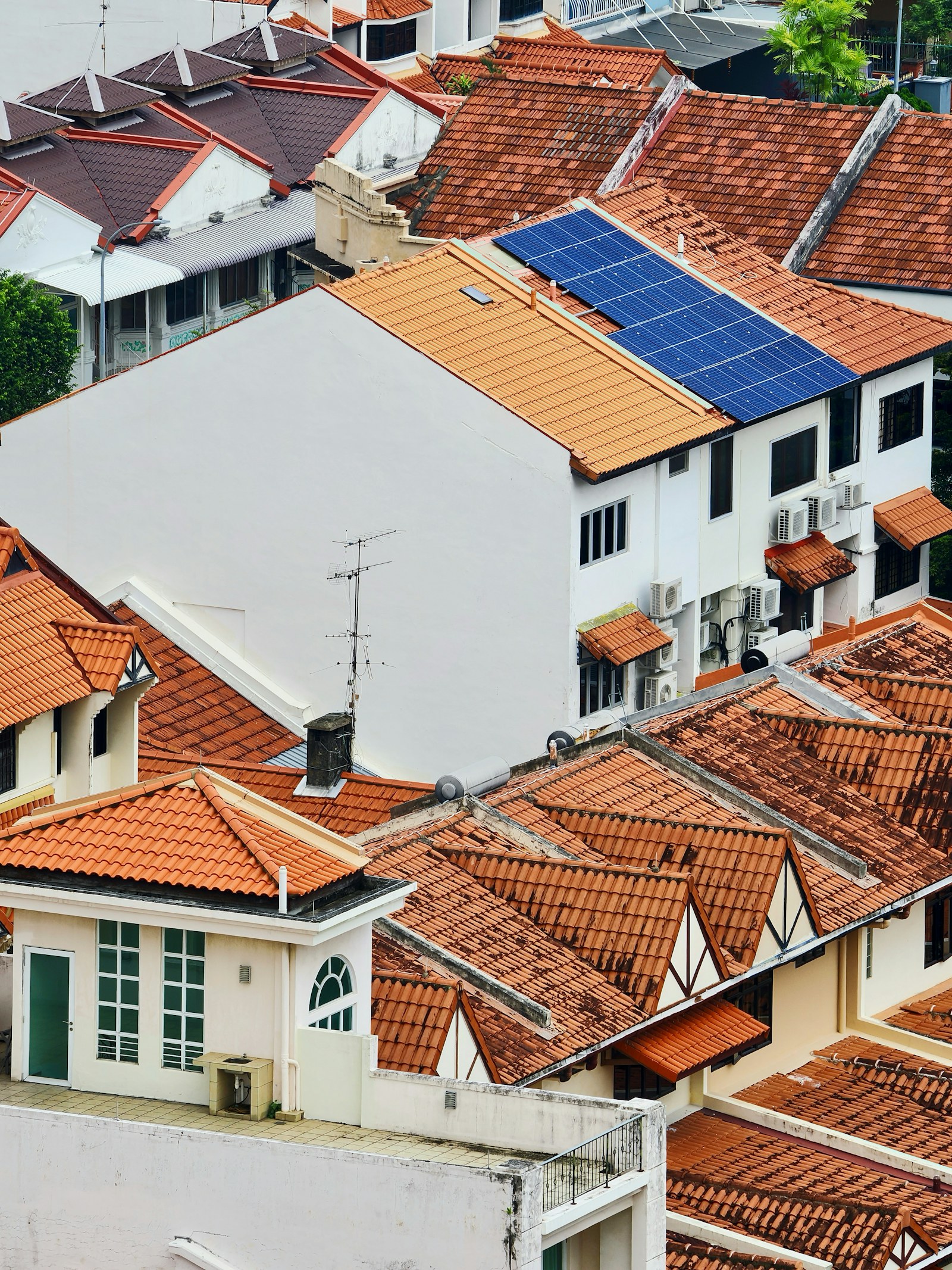 Residential building with rooftop solar panels